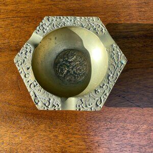 Vintage Brass Trinket Dish Ashtray Catchall with Rose Motif